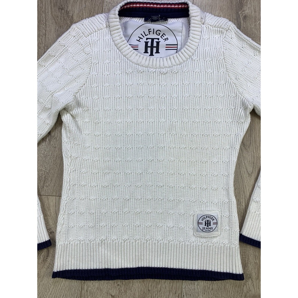Tommy Hilfiger Sweater Womens Med White Cable Knit Cotton Classic Preppy Tennis - Picture 4 of 16